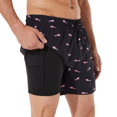 5in Mens Swim Trunks with Compression Liner Zipper Pocket(Printed) 01