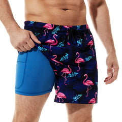 5in Mens Swim Trunks with Compression Liner Zipper Pocket(Printed) 01