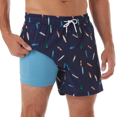 5in Mens Swim Trunks with Compression Liner Zipper Pocket(Printed-1)