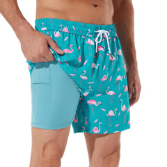 5in Mens Swim Trunks with Compression Liner Zipper Pocket(Printed) 04