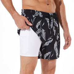 5in Mens Swim Trunks with Compression Liner Zipper Pocket(Printed) 04