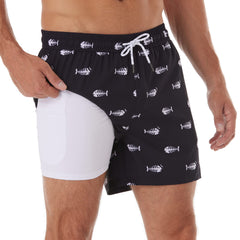 5in Mens Swim Trunks with Compression Liner Zipper Pocket(Printed) 03