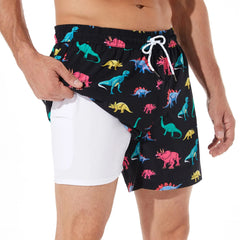 5in Mens Swim Trunks with Compression Liner Zipper Pocket(Printed) 01