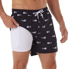 5in Mens Swim Trunks with Compression Liner Zipper Pocket(Printed) 03