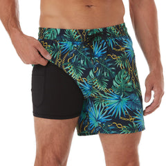 5in Mens Swim Trunks with Compression Liner Zipper Pocket(Printed) 05