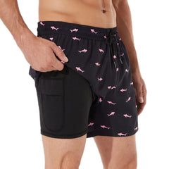 5in Mens Swim Trunks with Compression Liner Zipper Pocket(Printed) 01