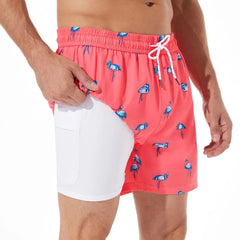 5in Mens Swim Trunks with Compression Liner Zipper Pocket(Printed) 06