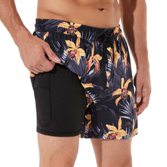5in Mens Swim Trunks with Compression Liner Zipper Pocket(Printed) 05