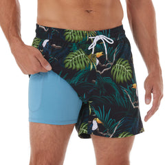 5in Mens Swim Trunks with Compression Liner Zipper Pocket(Printed-1)