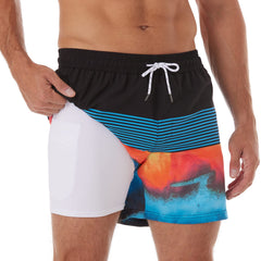 5in Mens Swim Trunks with Compression Liner Zipper Pocket(Stripes)