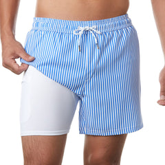 5in Mens Swim Trunks with Compression Liner Zipper Pocket(Stripes)