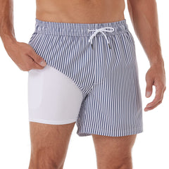 5in Mens Swim Trunks with Compression Liner Zipper Pocket(Stripes)