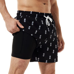5in Mens Swim Trunks with Compression Liner Zipper Pocket(Printed) 01