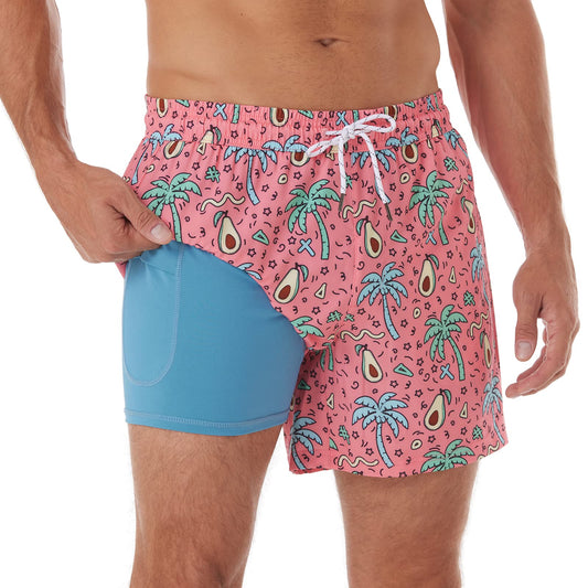 Dad-Mens Swim Trunks with Compression Liner-5in Pink Avocado