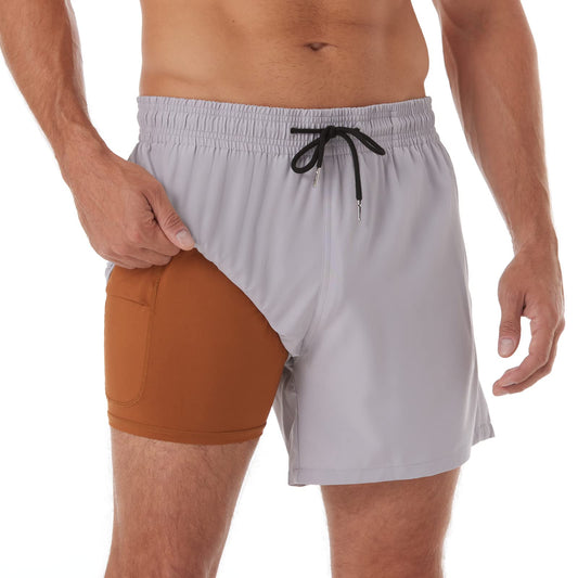 5in Mens Swim Trunks with Compression Liner Zipper Pocket(Printed) 03