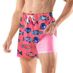 BRISIRA Mens Swim Trunks 5 Inch Compression Liner Outer Pockets(Printed) 01