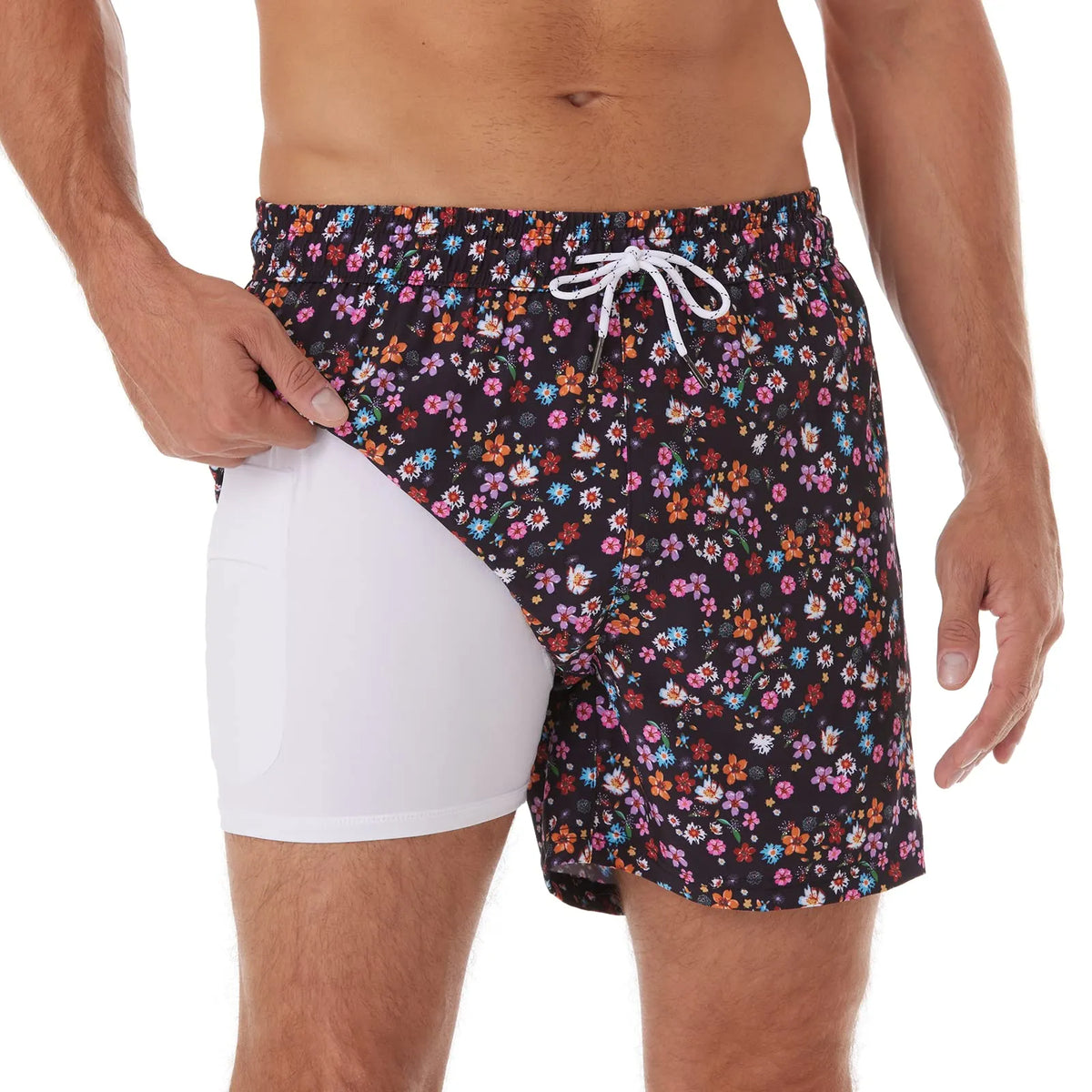 5in Mens Swim Trunks with Compression Liner Zipper Pocket(Printed-1)