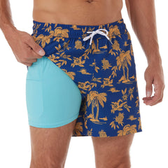 5in Mens Swim Trunks with Compression Liner Zipper Pocket(Printed-1)