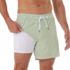 5in Mens Swim Trunks with Compression Liner Zipper Pocket(Stripes)